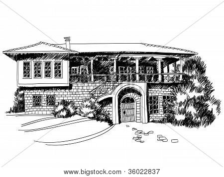 Mustavalkoinen luonnos Iso Välimeren Villa