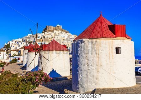 Traditional Greece - beautiful Astypalea island.Dodecanese.  View of Chora village and old windmills with red roofs