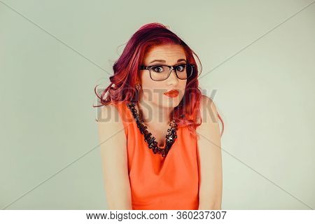 Confused Woman. Closeup Portrait Young Woman Indecisive Disorientated Bewildered Person Isolated Gre