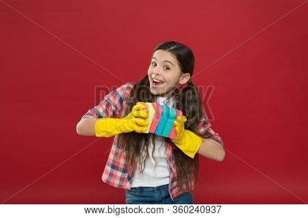 Inculcate Cleanliness. Cleaning With Sponge. Cleaning Supplies. Girl Rubber Gloves For Cleaning Hold