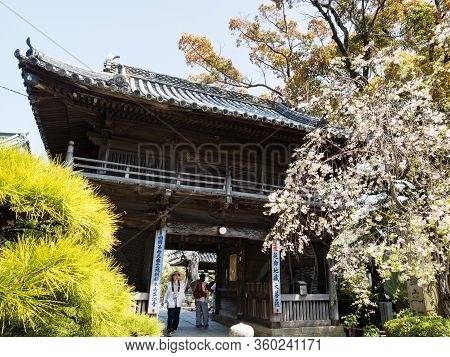 Komatsushima, Japan - April 4, 2018: Cherry Blossoms At The Entrance To Tatsueji, Temple Number 19 O