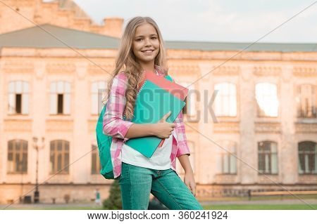 Why Buy Book When You Can Join Library. Happy Child Hold Library Books Outdoors. Little Girl Go To L