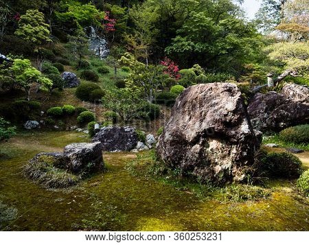 Kochi, Japan - April 6, 2018: Traditional Japanese Garden On The Grounds Of Chikurinji, Temple Numbe