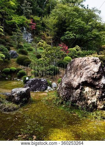 Kochi, Japan - April 6, 2018: Traditional Japanese Garden On The Grounds Of Chikurinji, Temple Numbe