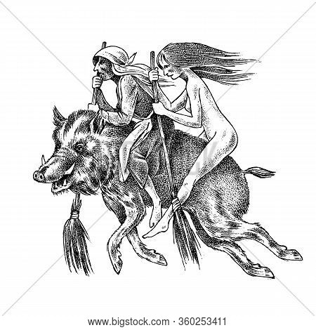 Witch Flies With A Broom And A Boar. Ancient Mythical Magic Character. Engraved Monochrome Sketch. H