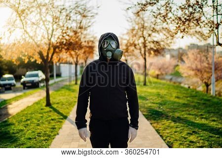 Adult Affected By The Covid-19,wearing Mc1airborne Protection Gas Mask.mental Stress Of Infectious D
