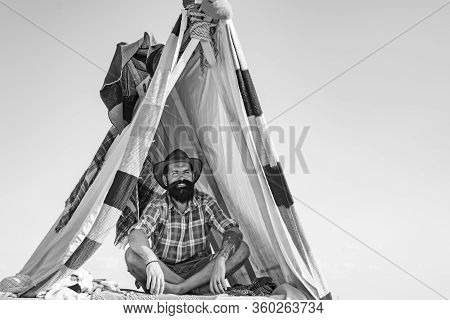 Morning Landscape With Tent On Sky Background. Camping And Tent Near Beautiful Sunlight In The Morni