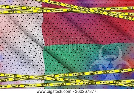 Madagascar Flag And Covid-19 Quarantine Yellow Tape. Coronavirus Or 2019-ncov Virus Concept
