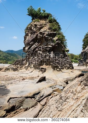 Sandstone Rock Formations At Tatsukushi Coast - A Natural Scenic Landmark Near Tosashimizu, Kochi Pr