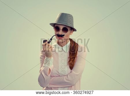 Woman With Round Glasses Fake Mustache, Pipe And Hat Imitating Man