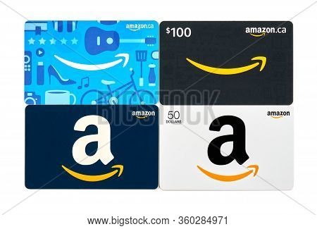 Montreal, Canada - April 6, 2020: Amazon Gift Cards. Amazon Is A Titan Of E-commerce, Logistics, Pay