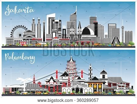 Jakarta and Palembang Indonesia City Skylines with Gray Buildings and Blue Sky. Business Travel and Tourism Concept with Historic and Modern Architecture. Cityscapes with Landmarks.