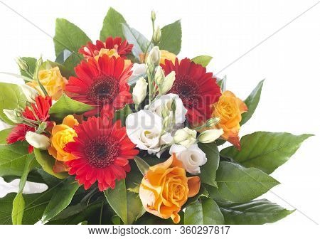 Bouquet Of Daisy And Roses And Green Folliage On A White Background
