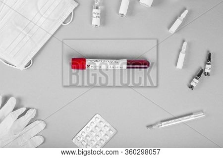Positive Covid-19 Test And Laboratory Sample Of Blood Testing For Diagnosis New Corona Virus Infecti
