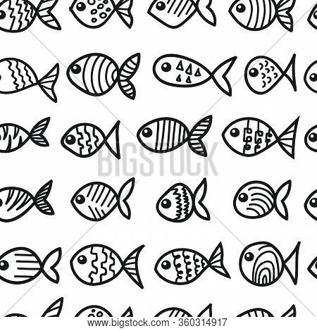Fish Seamless Hand Drawn Cartoon Doodles. Sea Fish Pattern Marine Background. Ocean Fabric Sketch Te