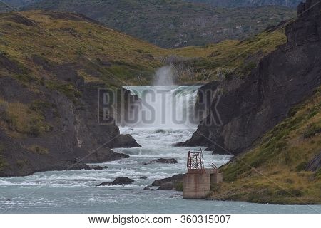 Salto Grande Waterfall, Big Jump In Torres Del Paine National Park, Patagonia, Chile