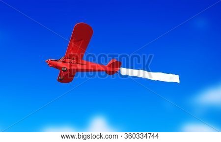 Flying Airplane And Banner On Blue Sky. 3d Illustration
