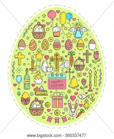 Easter Line Icon Set. Colored Easter Symbols Collection. Colored Icons Arranged In The Shape Of An E