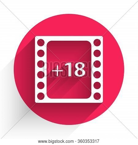 White Play Video With Inscription 18 Plus Content Icon Isolated With Long Shadow. Age Restriction Sy