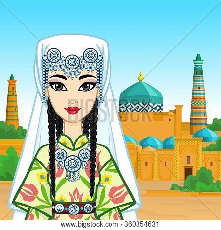 Animation Portrait Of A Beautiful Girl In Ancient National Clothes And Jewelry. Central Asia. Backgr