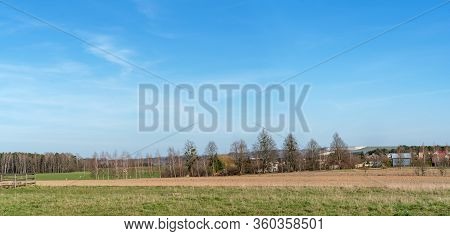 Panoramic Landscape In Spring With Kruonis Pumped Storage Plant In The Background. Lithuania.