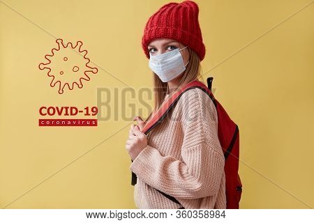 Stop Coronavirus Pandemia. Novel Sars Cov2. Prevent Infection Spread. Woman In Mask. Covid-19 Inscri