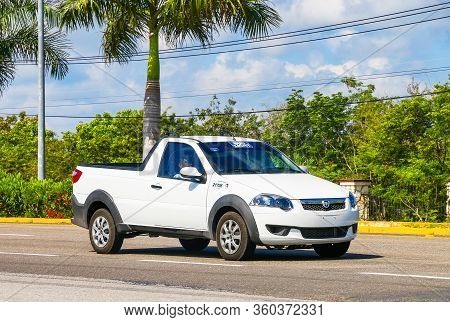 Quintana Roo, Mexico - May 16, 2017: White Pickup Truck Ram 700 At The Interurban Road.