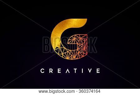 G Golden Letter Design Logo Icon With Gold Textire And Origami Wireframe.