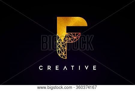 F Golden Letter Design Logo Icon With Gold Textire And Origami Wireframe.