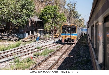 Diesel Multiple Unit Of The Local Train Is Leaving From The Station On The High Mountain After The E
