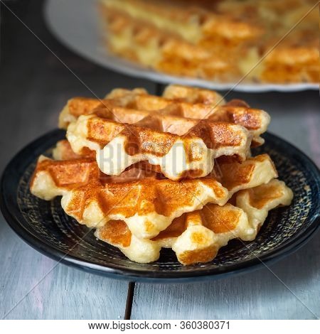 Curd Waffles Sprinkled With Icing Sugar On A Small Round Plate Close-up