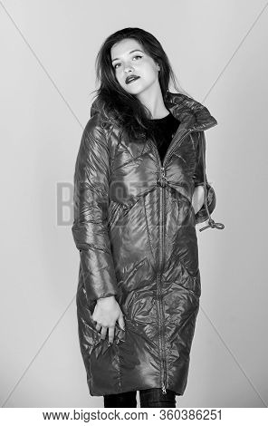 She Got Great Style. Woman In Padded Warm Coat. Happy Winter Holidays. Xmas. Flu And Cold. Seasonal 