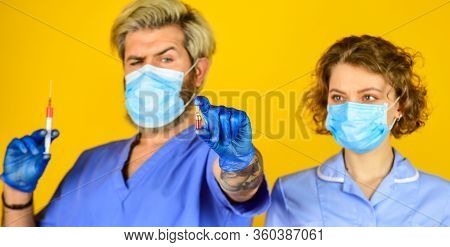 For Treating Patients. Doctor Inject Vaccine. Doctor In Medical Mask Ready To Make Injection. Stop C