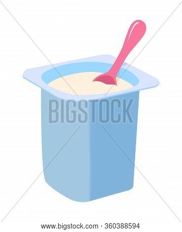 Vector Yogurt In A Container With Plastic Spoon Isolated On White Background. Healthy Milk Dairy Foo