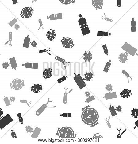 Set Aqualung, Wind Rose, Gauge Scale And Swiss Army Knife On Seamless Pattern. Vector