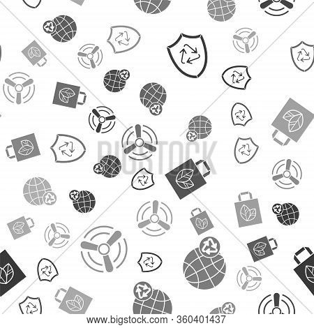 Set Recycle Symbol Inside Shield, Planet Earth And A Recycling, Paper Shopping Bag With Recycle And 