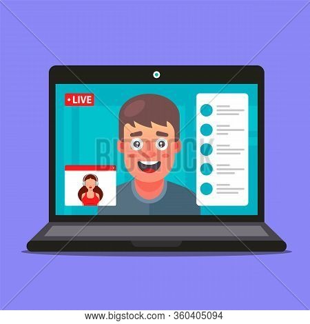 Video Conference Of A Girl And A Guy. Remote Office Work. Business Negotiations. Flat Vector Illustr
