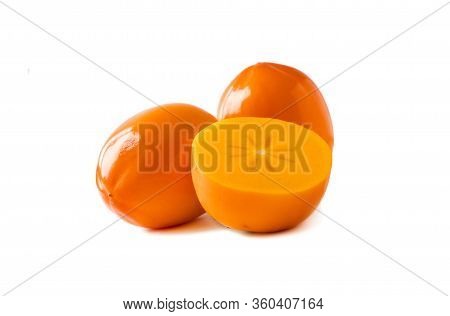 Persimmon With Copy Space For Text. Orange Ripe Persimmon Isolated On White Background. Three Persim