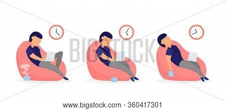 Young Man Sitting In Sitting Bag Whith Laptop Set.