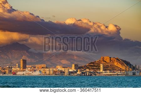Alicante, Valencia, Spain - December 5, 2019: Coast View On Alacant City And Castle Of Santa Barbara