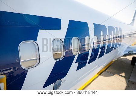 Otopeni, Romania - April 9, 2020: Tarom (the Operating Airline Of Romania) Logo On An Airplane On Th