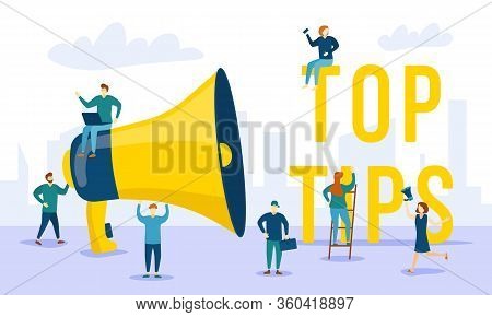 Different Young People Group Near Megaphone - Top Tips. A Crowd Of People Near The Inscription Top T