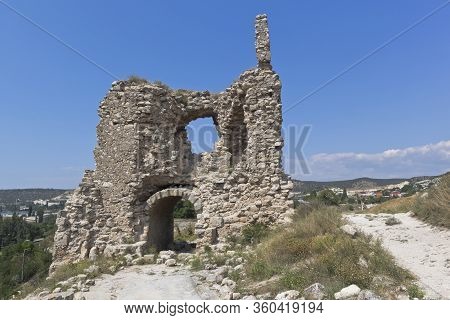 Ruins Of The Gate Tower Of The Medieval Fortress Of Calamita In Inkerman, Sevastopol, Crimea, Russia