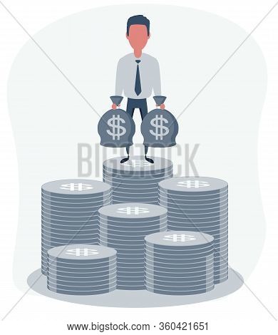 Rich Businessman Character Hold Bags Full Of Money. Vector Flat Cartoon Illustration