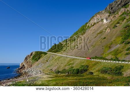 Cape Breton Island, Nova Scotia : Red Car On The Picturesque Cabot Trail Road