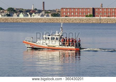 New Bedford, Massachusetts, Usa - August 10, 2018: U.s. Coast Guard Patrol Boat Crossing New Bedford
