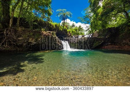 Vibrant Togitogiga falls with swimming hole on Upolu, Samoa Islands.