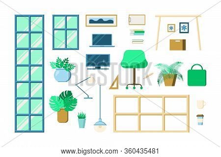 Office Furniture Set. Table, Chair, Windows, Lamps, Plants, Notebook, Monitor, Box, Books, Coffee In