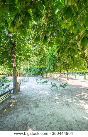 Tuileries Garden with Green Metal Chairs in a Sunny Spring Day in Paris. France.