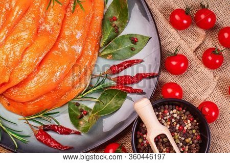 Sottilissime. Delicious Dietary Meat With Tomatoes And Spices. Cooking,food Of Meat And Fillets.raw